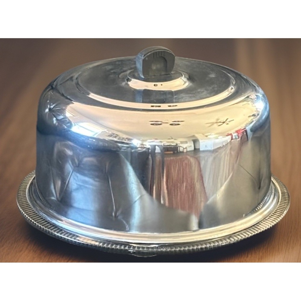 Vtg Chrome Cake Dome with Cut Glass Plate Cake Keeper Art Deco Bakelite Handle